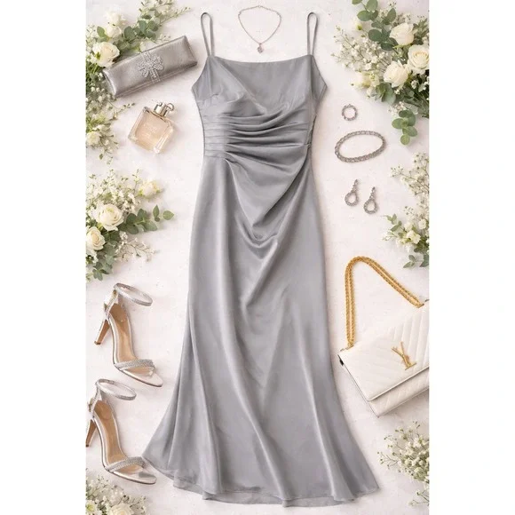 ABS Evening Women Gown 6 Silver Grey Ruched Satin Spaghetti Strap Old Hollywood - Picture 2 of 9
